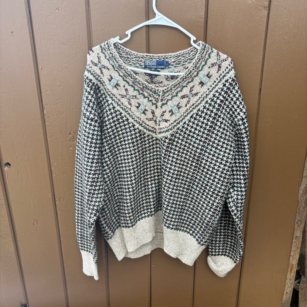 VTG Polo Ralph Lauren Sweater Womens Large Houndstooth Fairisle Cottage Grandma